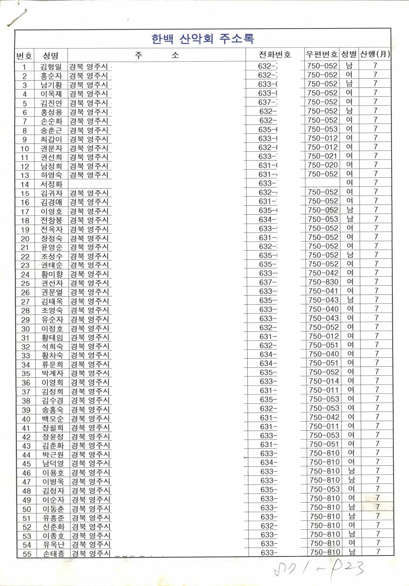 한백산악회 주소록