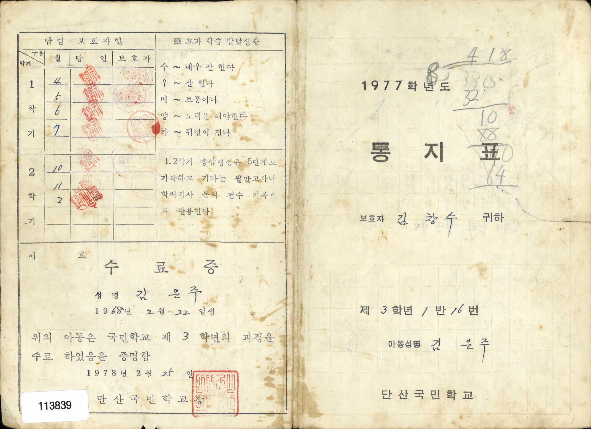 1977학년도 통지표
