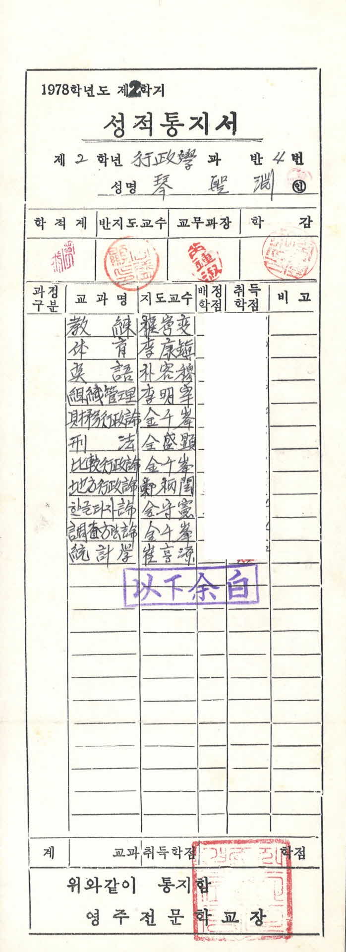 영주전문학교 78학년도 2학기 성적통지서