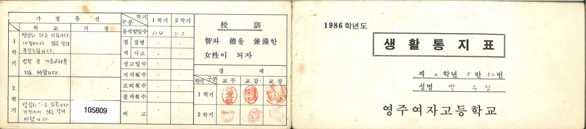 1986년 영주여고 생활통지표