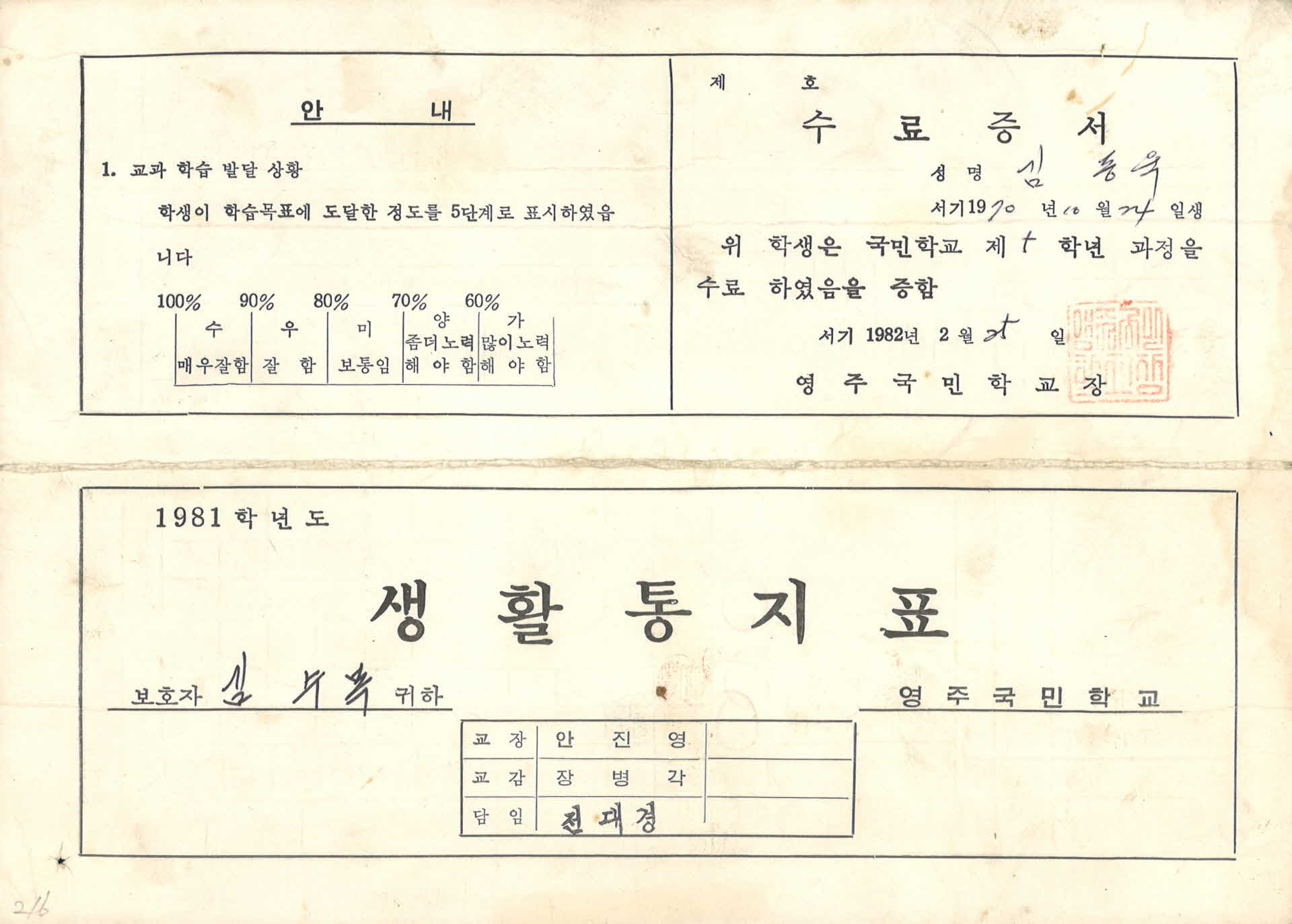 영주국민학교 5학년 생활통지표