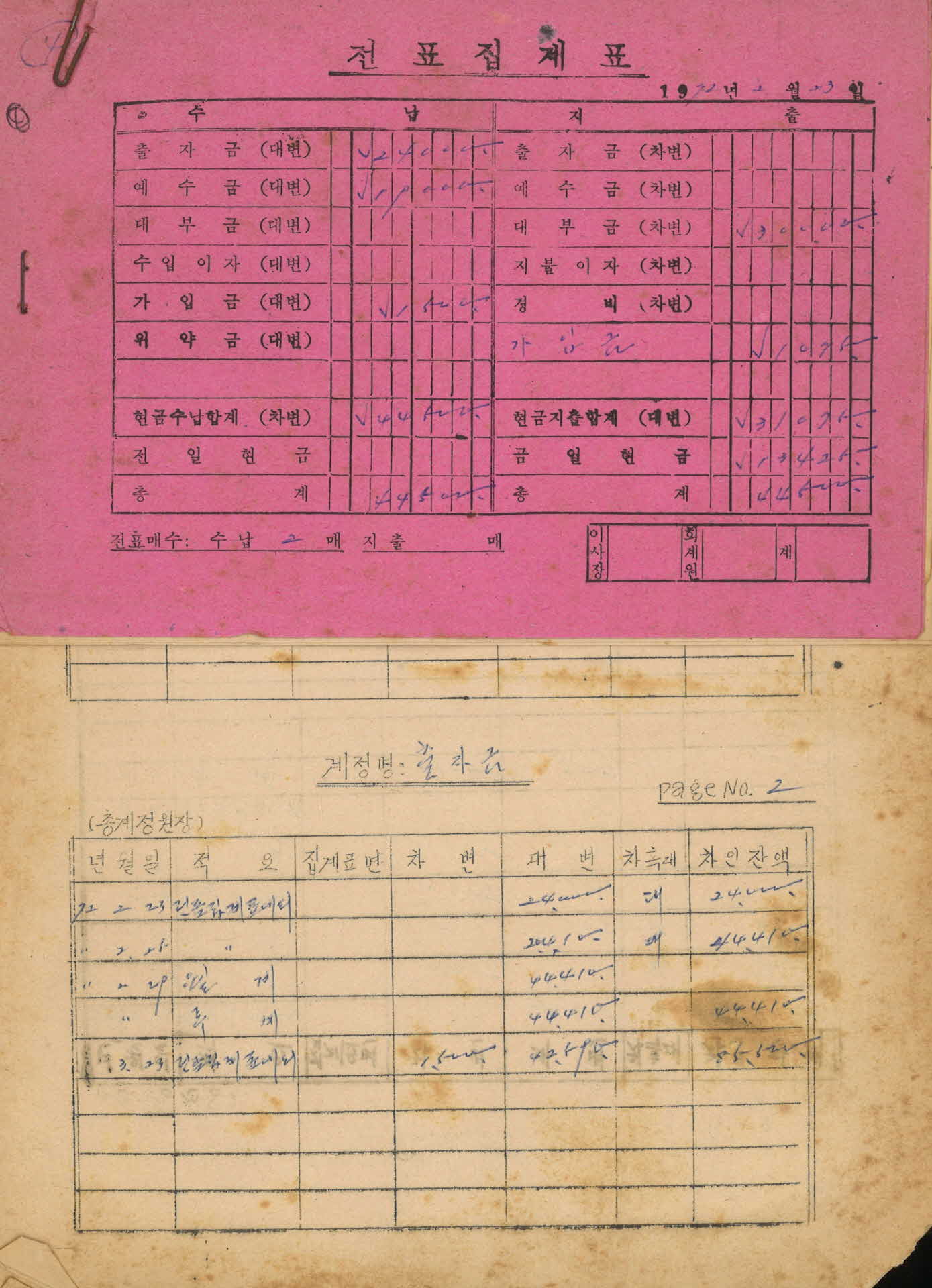 전표집계표-72년2월23일 등 묶음