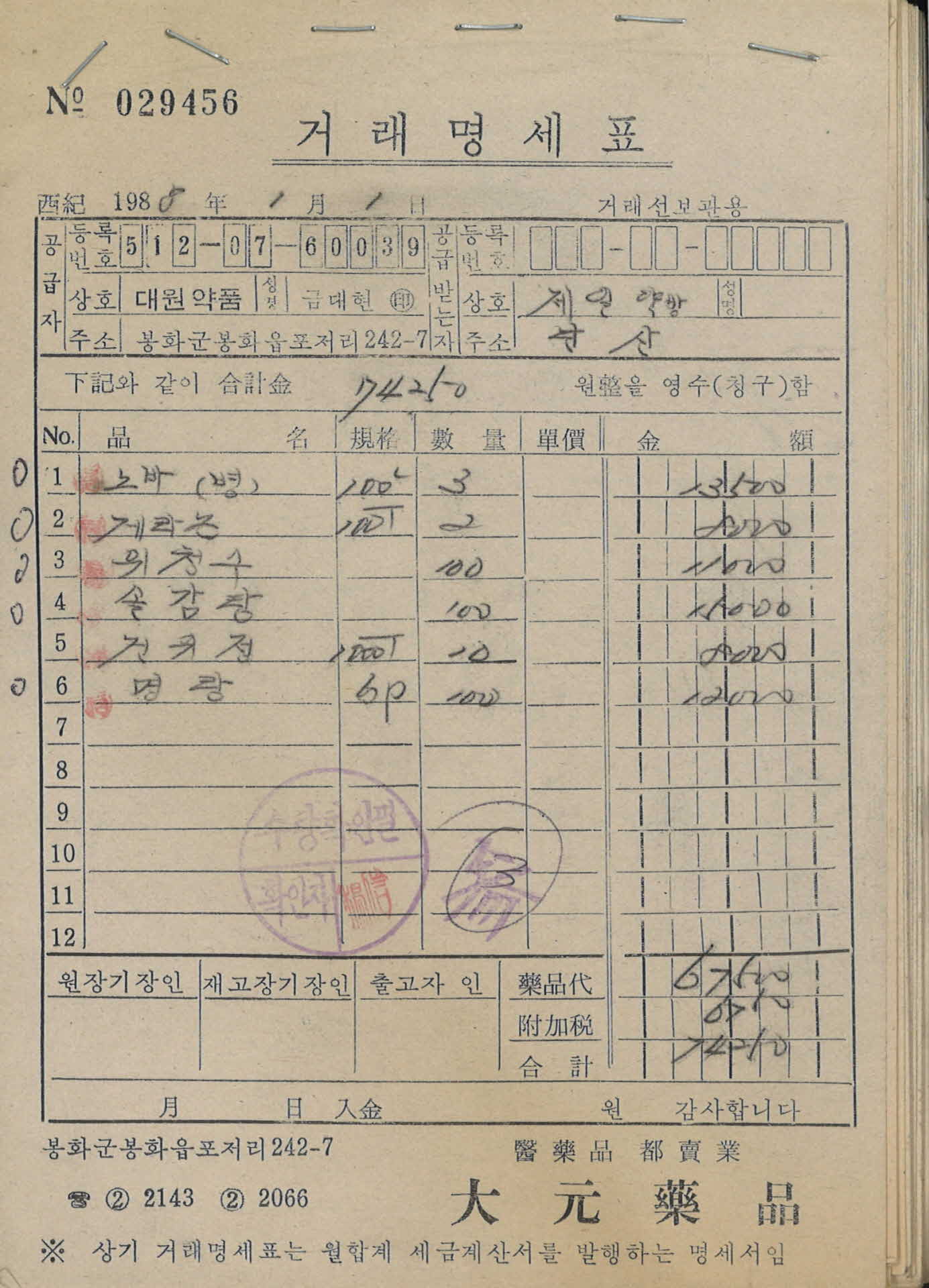 88년 1월 1일 제일약방 거래명세표