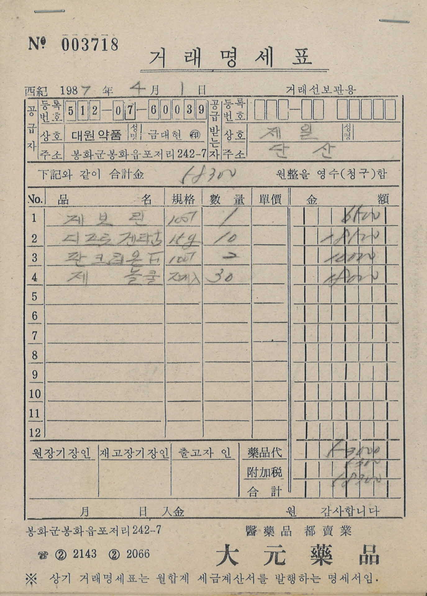 87년 4월 1일 제일약방 거래명세표