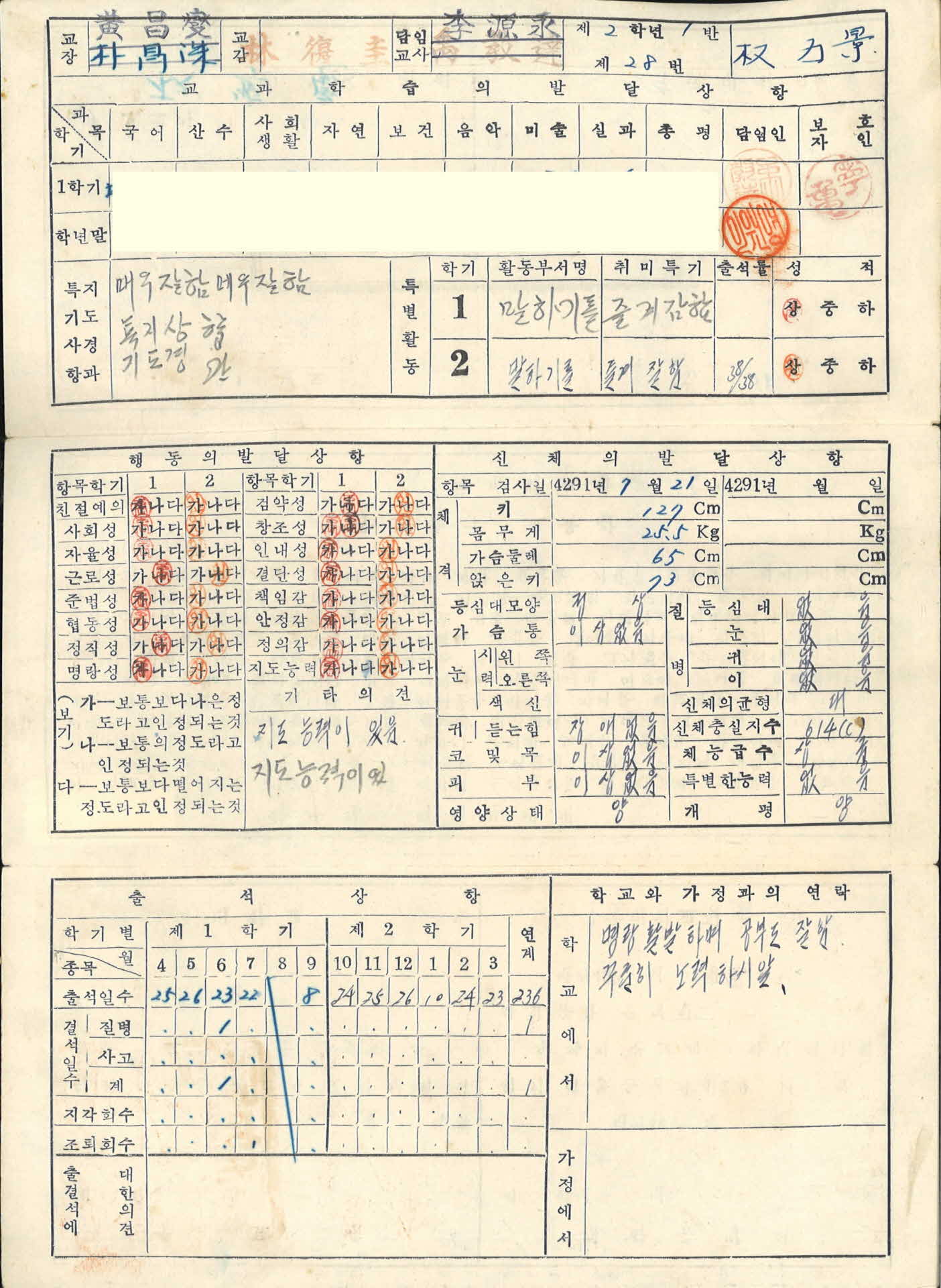 1958년 장수국민학교 생활통지표