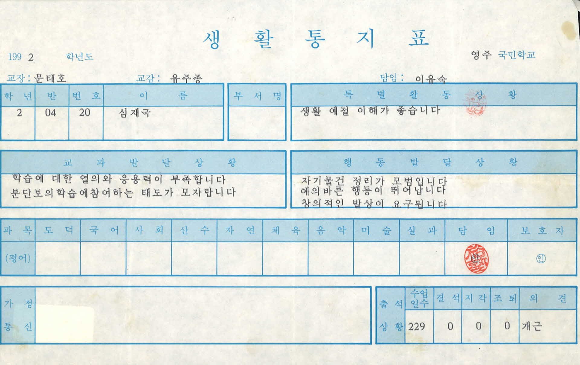 1992년도 영주국민학교 생활통지표