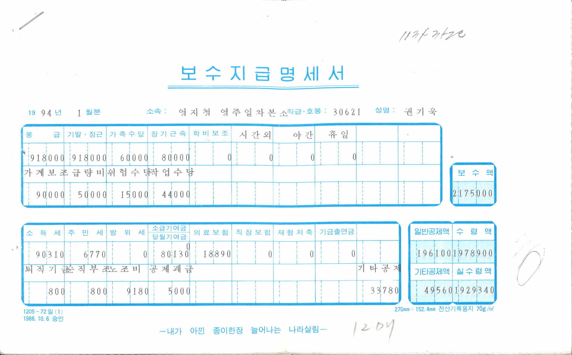 94년 보수지급명세서