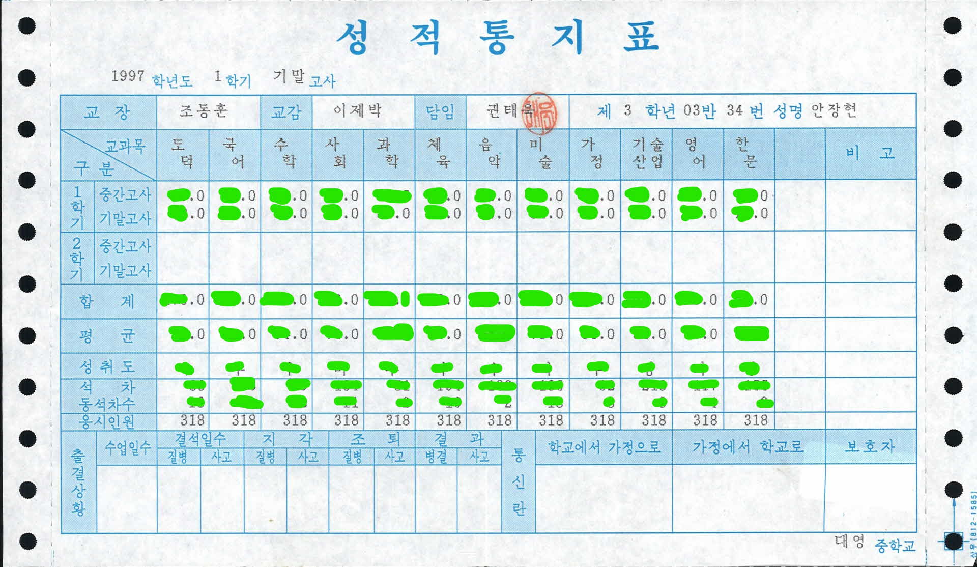 대영중학교 기말고사 성적통지표