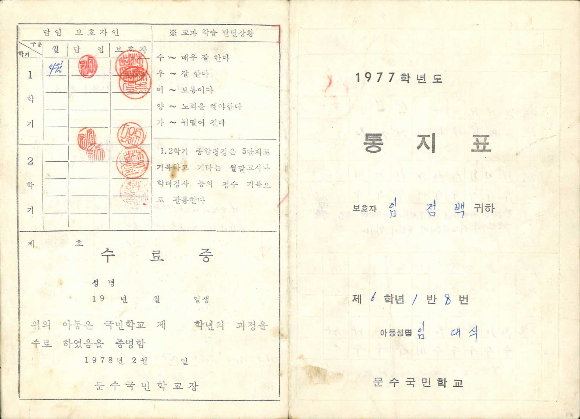 1977학년도 문수국민학교 통지표
