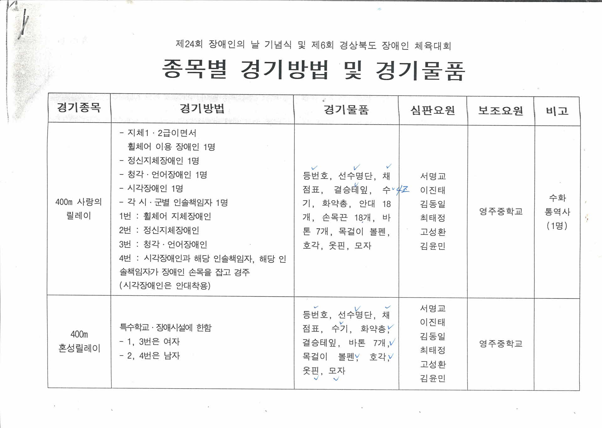 종목별 경기방법 및 경기물품