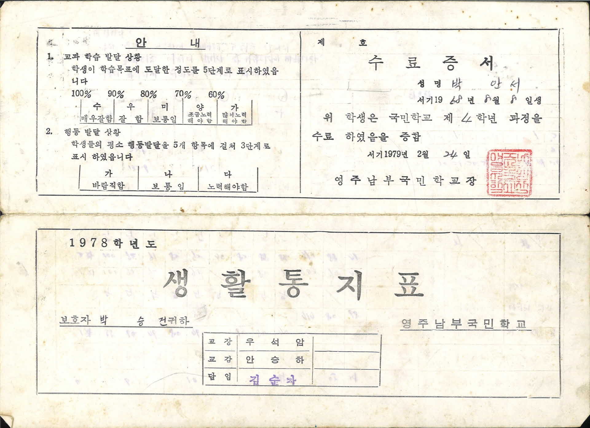1978년 영주남부국민학교 생활통지표