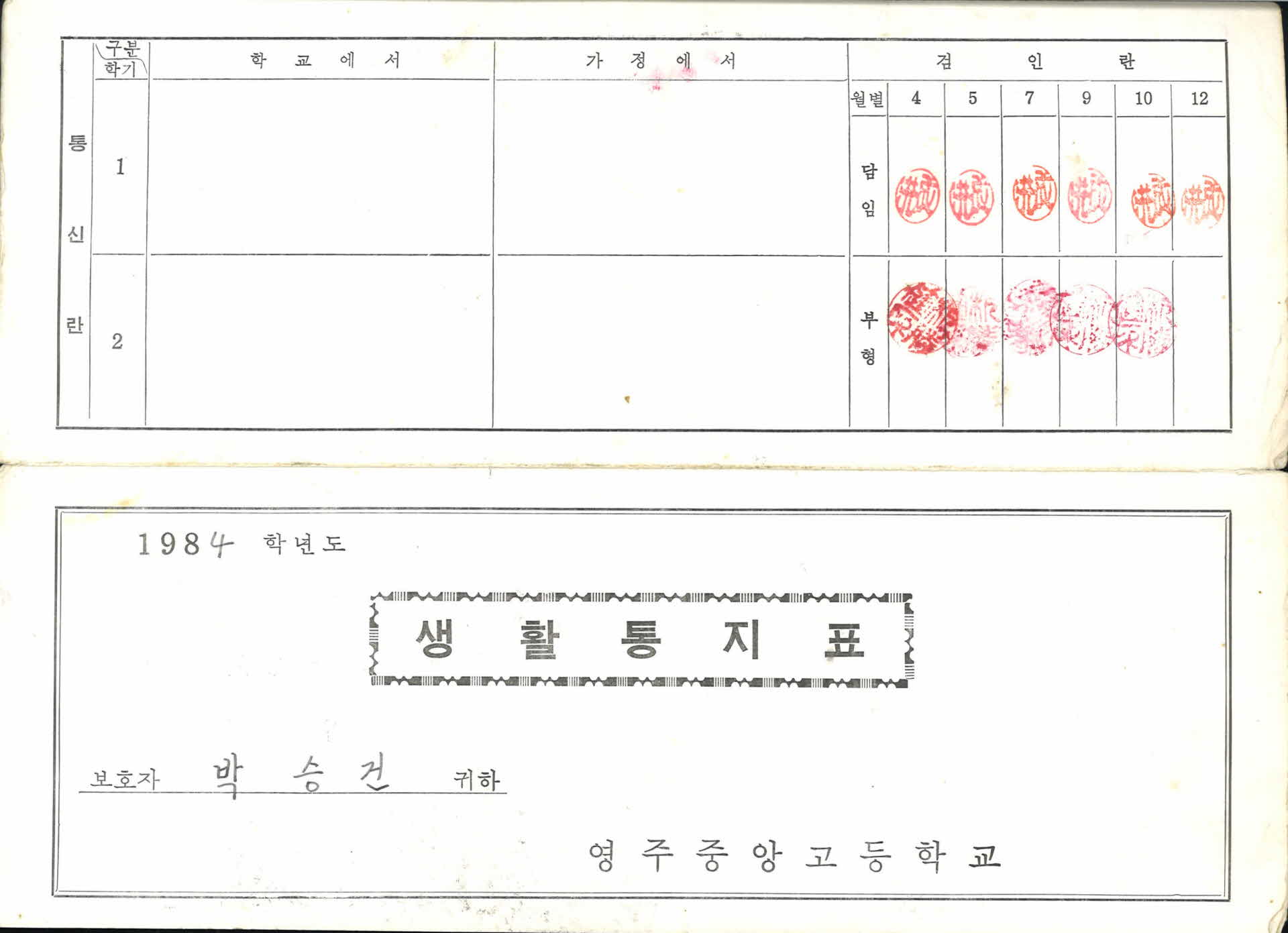 1984년 영주중앙고등학교 생활통지표