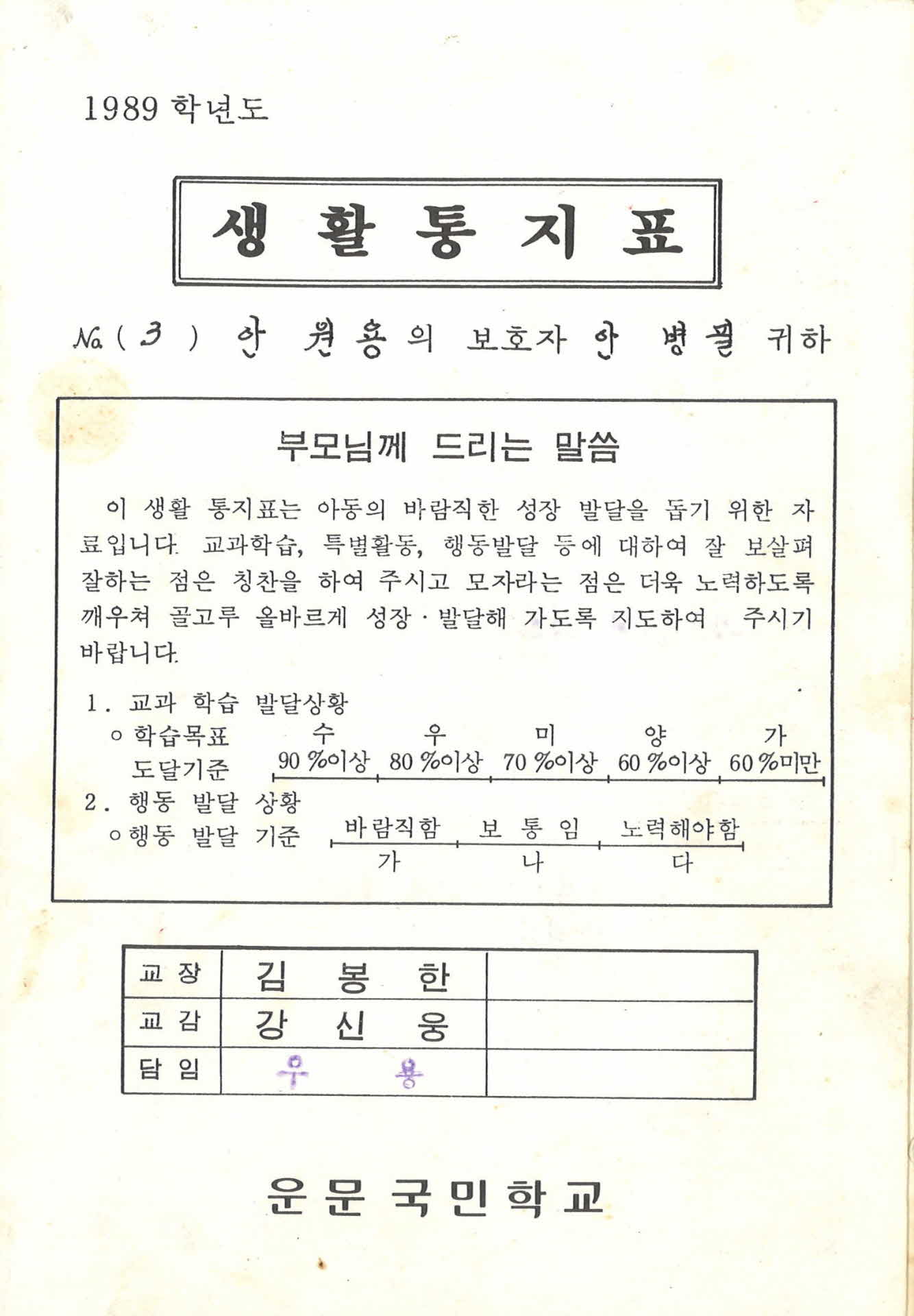 1989년 운문국민학교 생활통지표