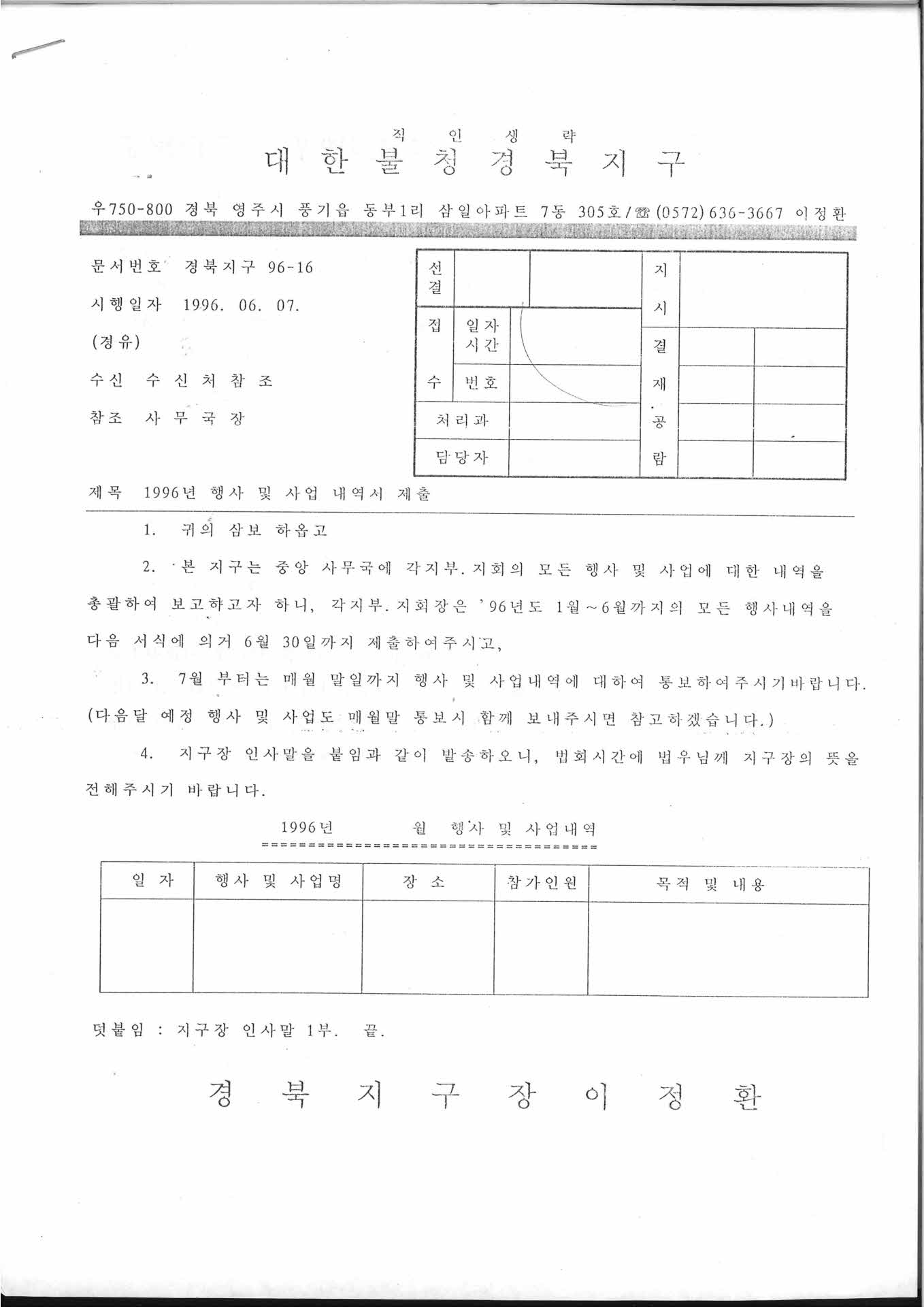 1996년 행사 및 사업 내역서 제출