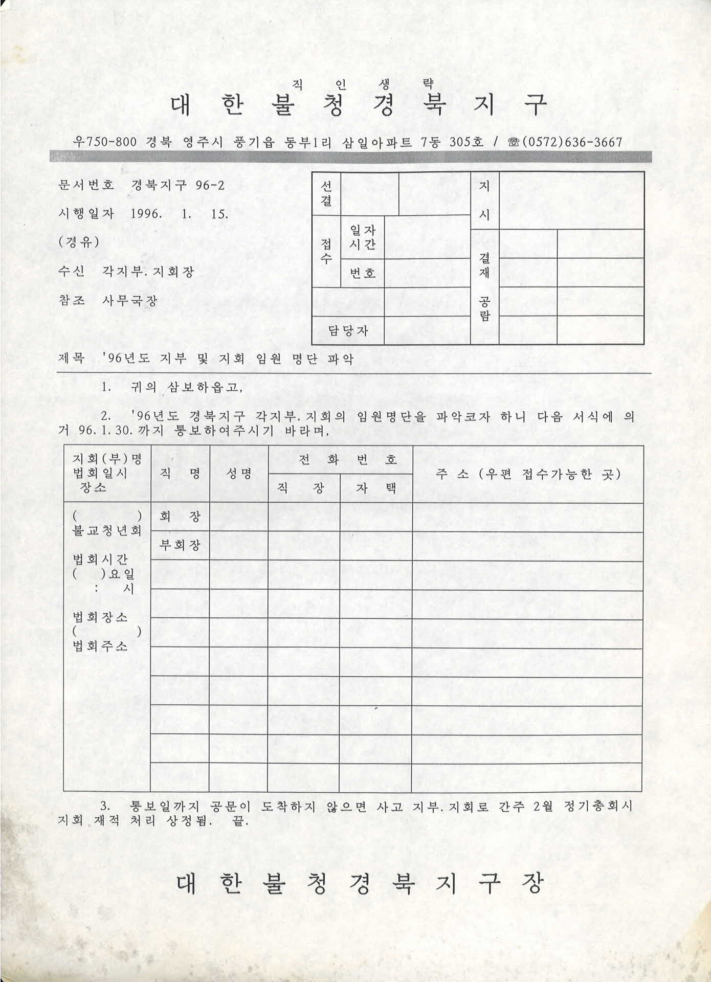 1996년도 지부 및 지회 임원 명단 파악