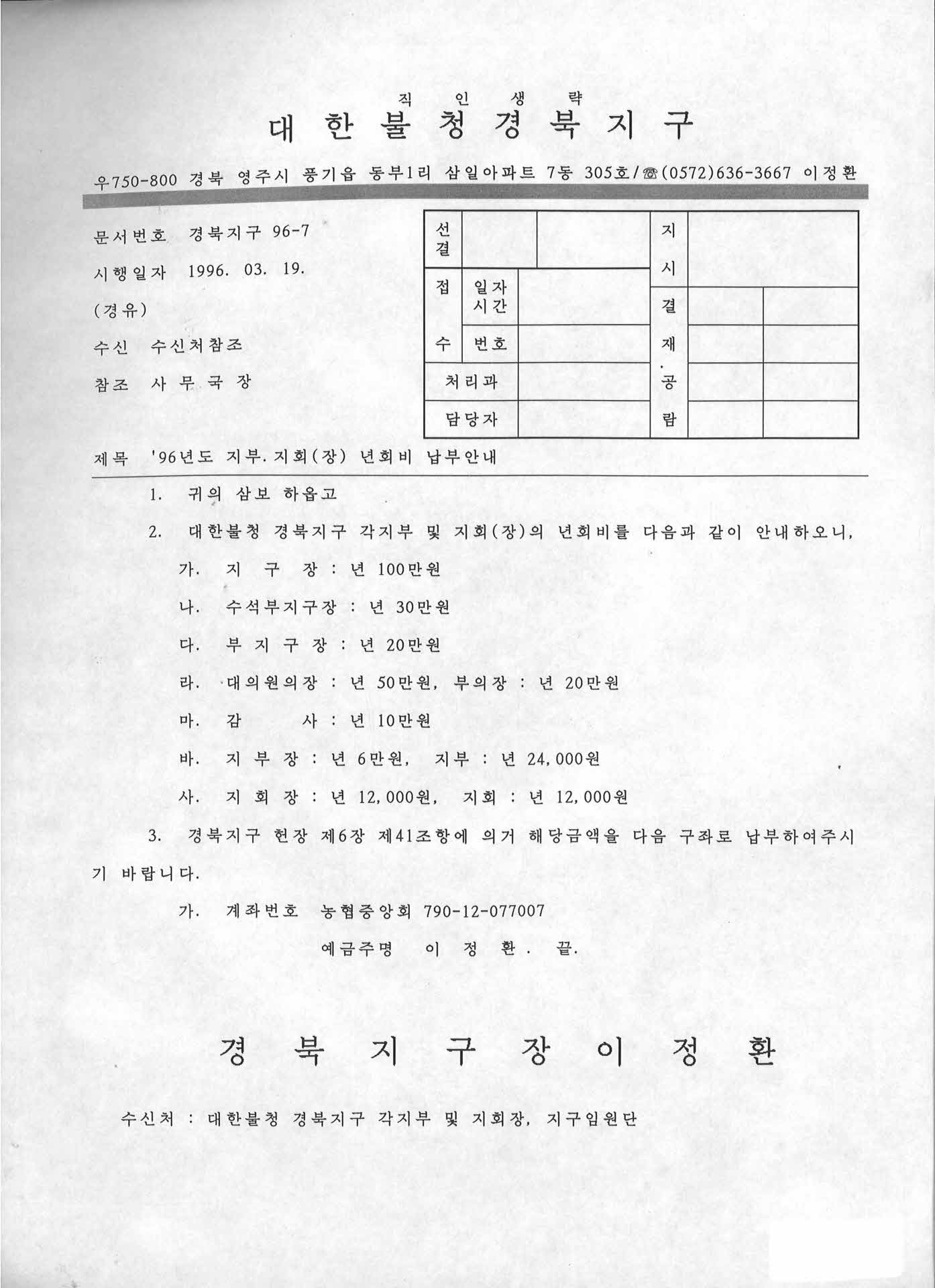 1996년도 지부 및 지회(장) 년회비 납부안내