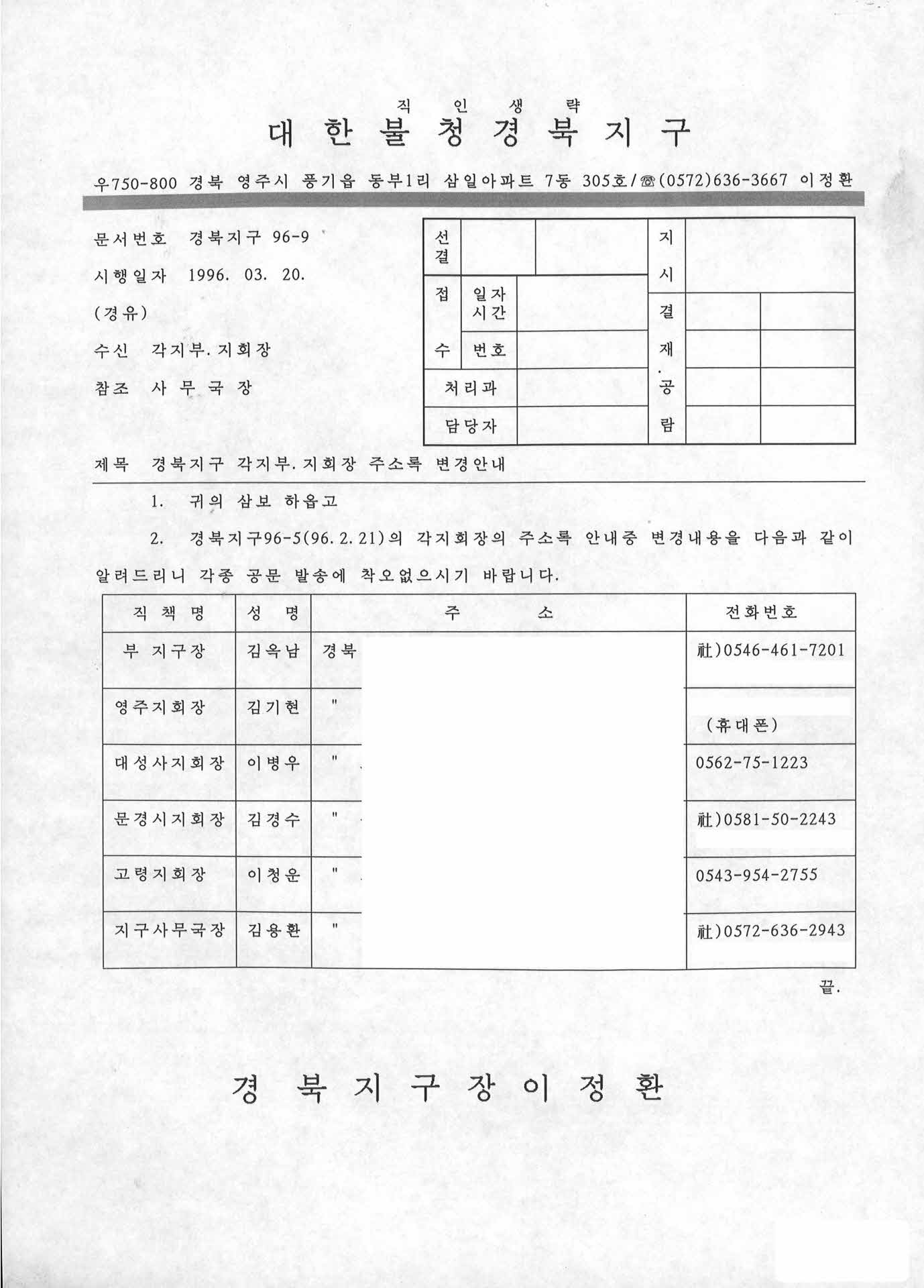 경북지구 각지부, 지회장 주소록 변경안내