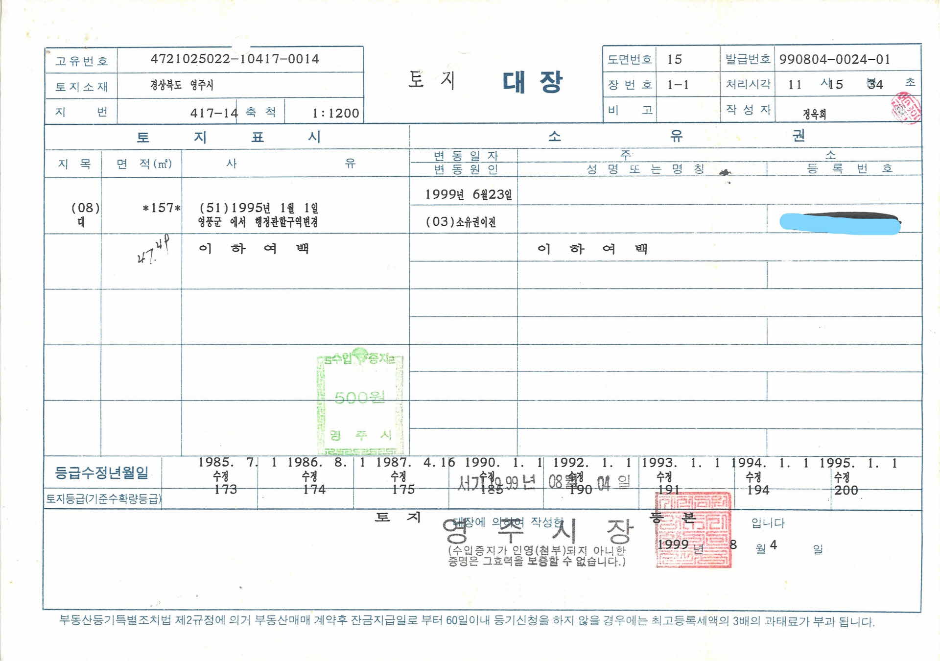 토지대장 1999.8.4