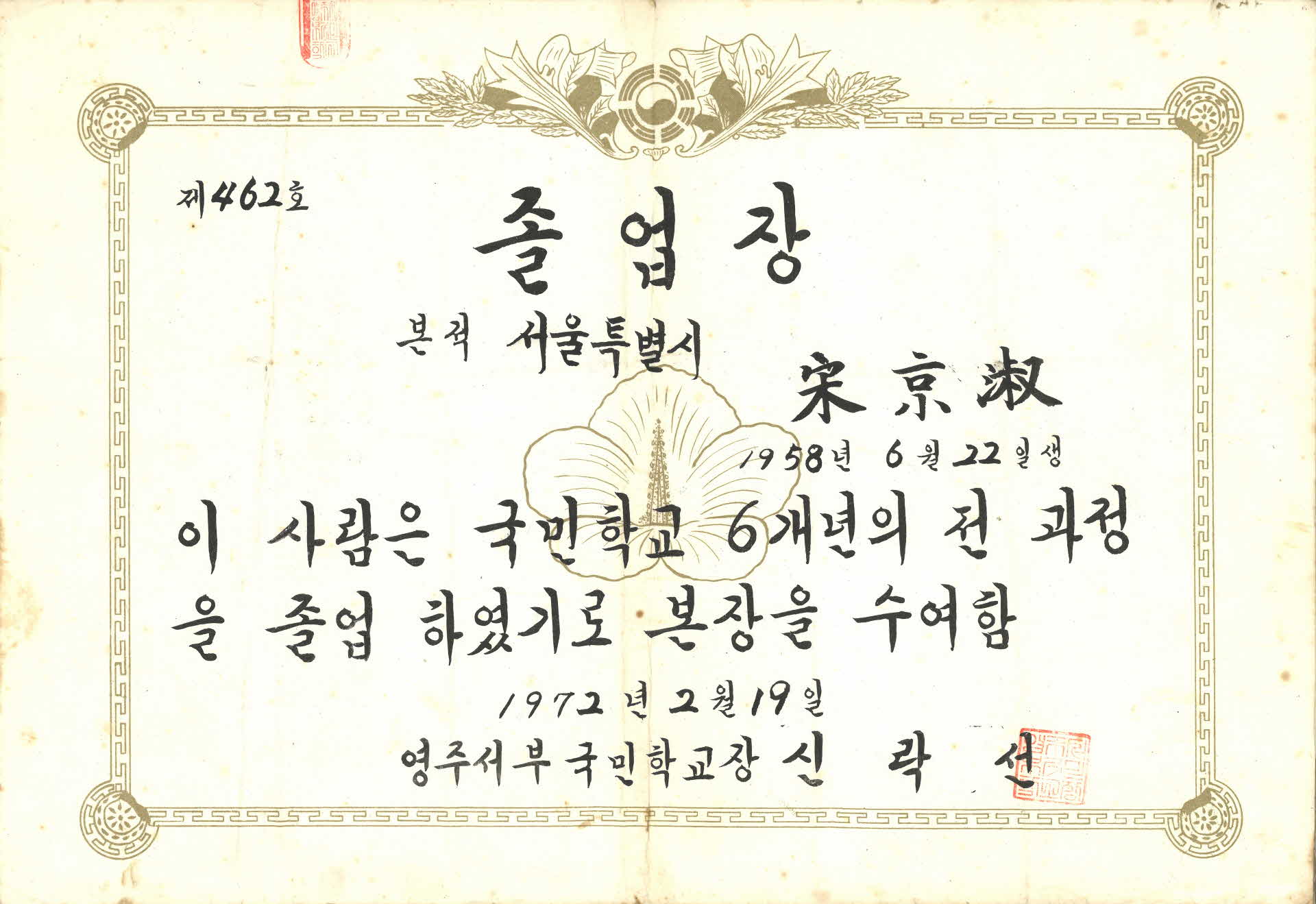 영주서부국민학교 졸업장