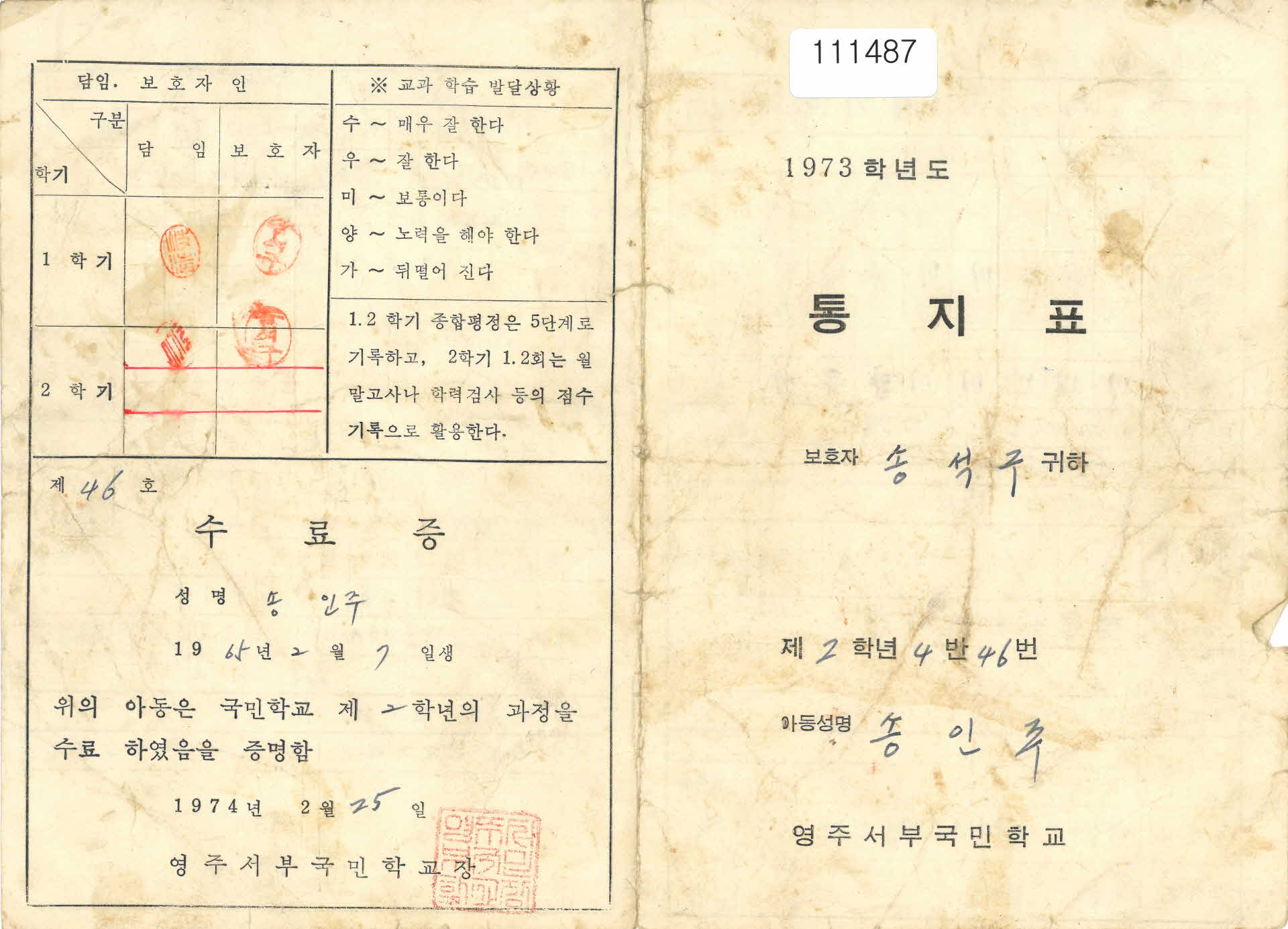 영주서부국민학교 통지표