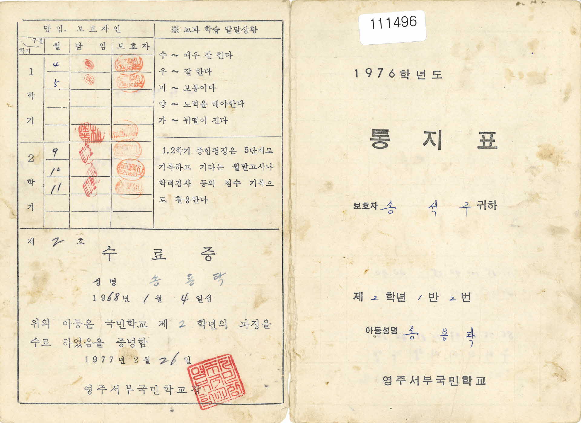 영주서부국민학교 통지표