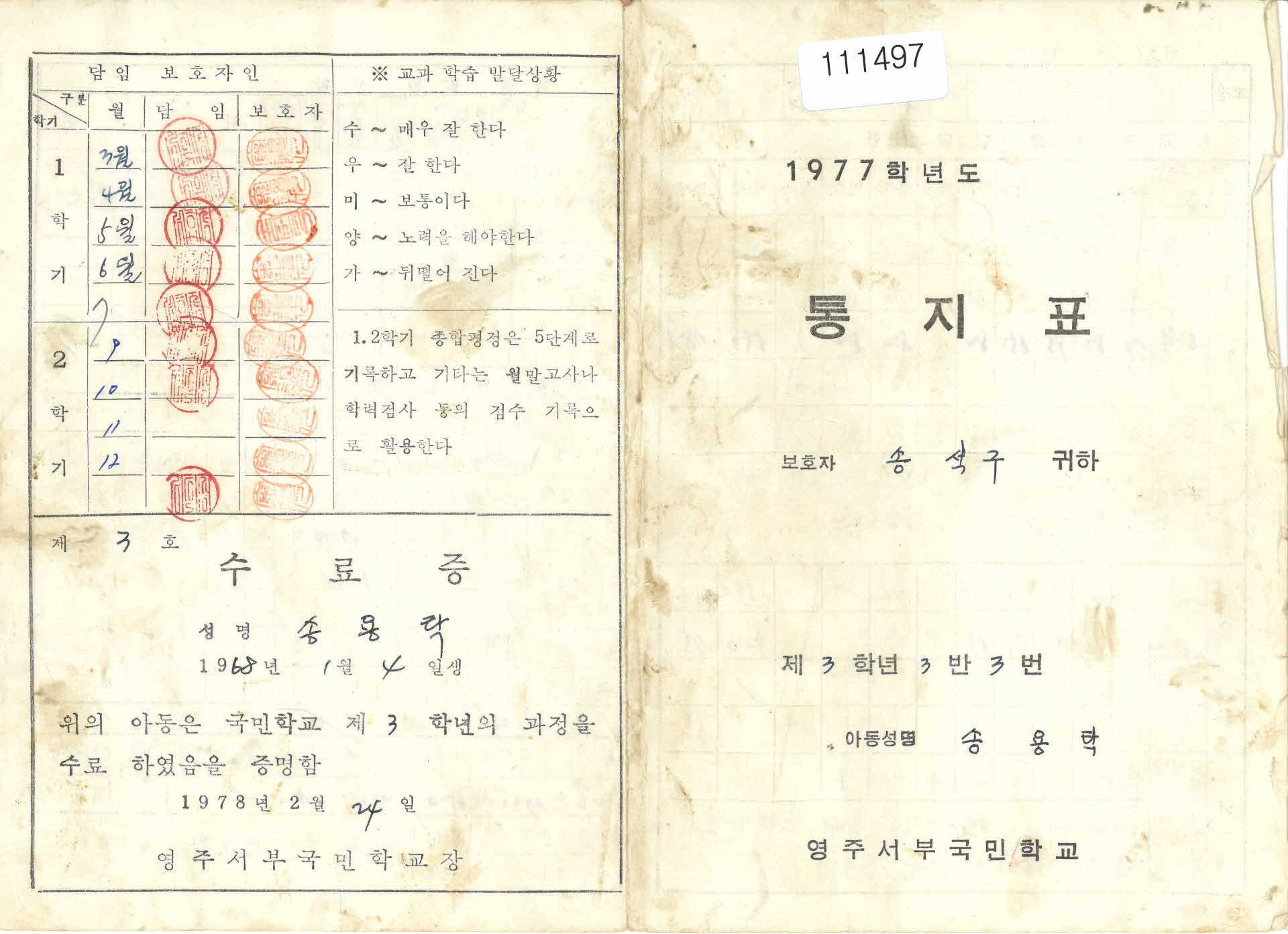 영주서부국민학교 통지표