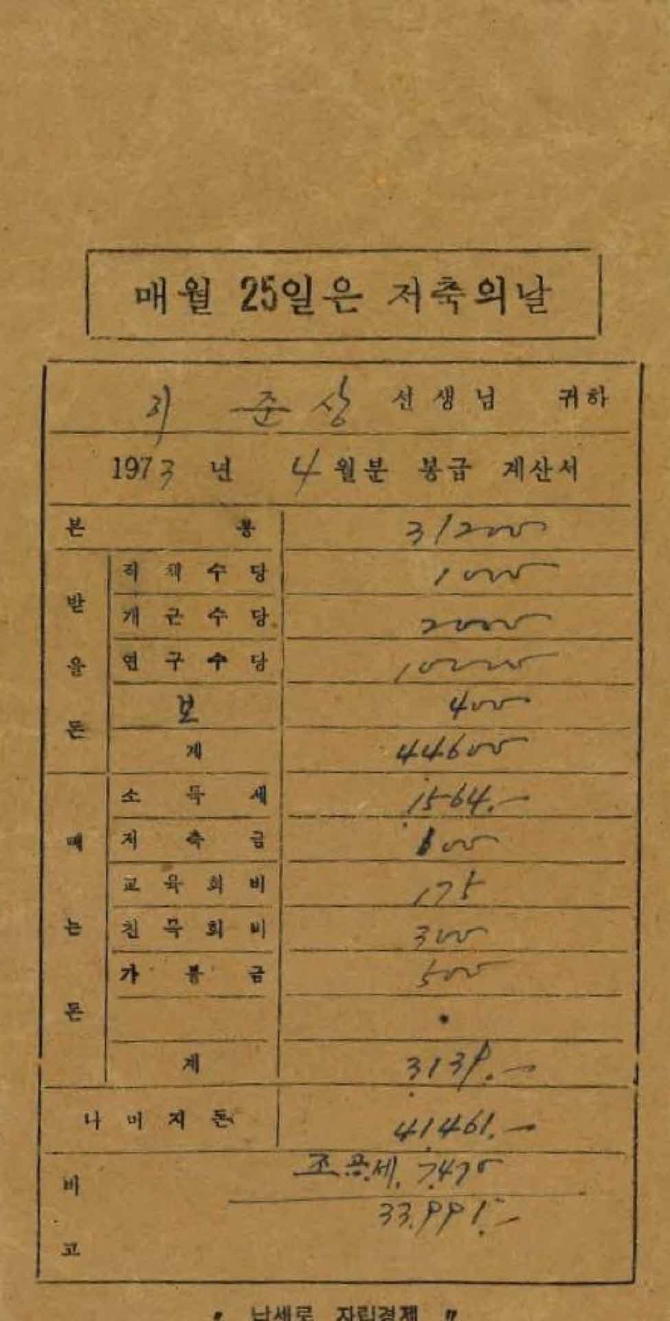1973년 4월 교사 봉급계산서 봉투
