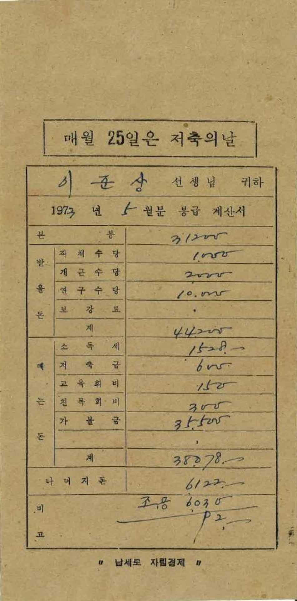 1973년 5월 교사 봉급계산서 봉투