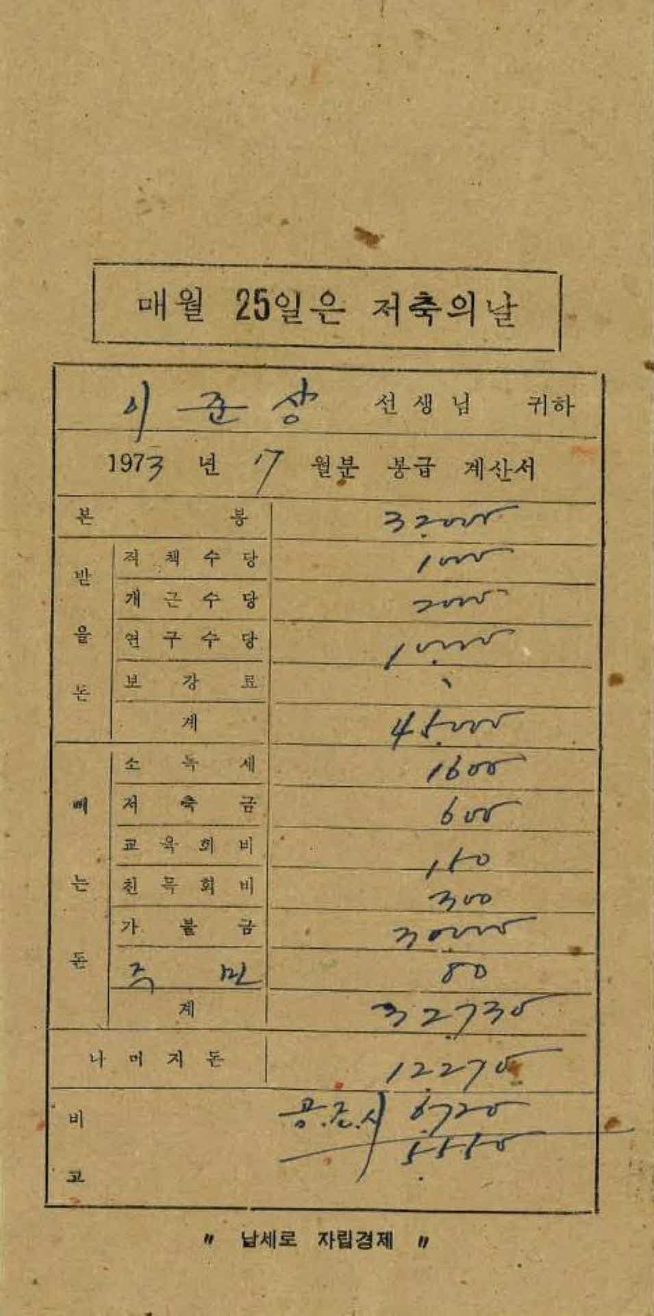 1973년 7월 교사 봉급계산서 봉투