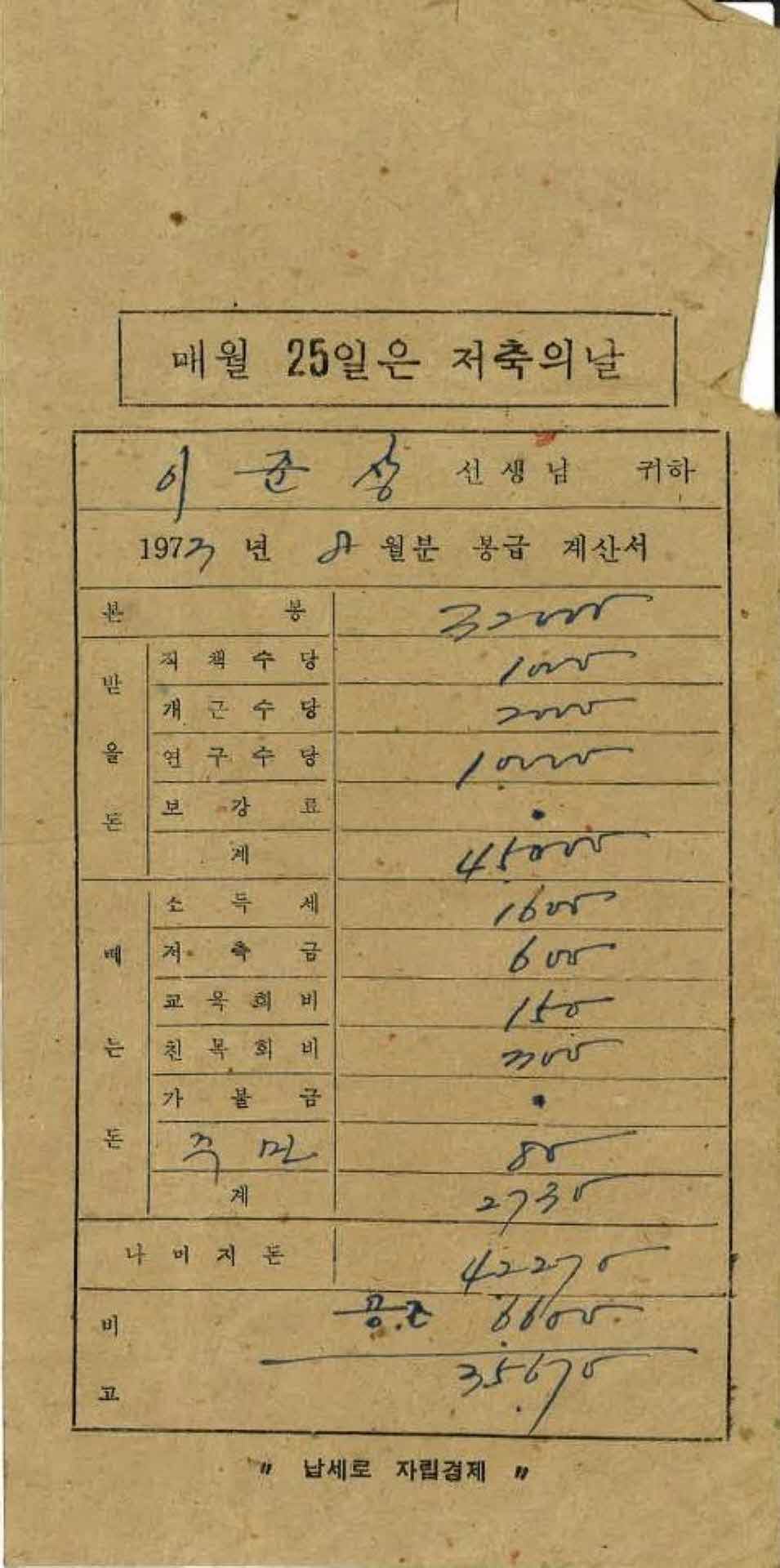 1973년 8월 교사 봉급계산서 봉투