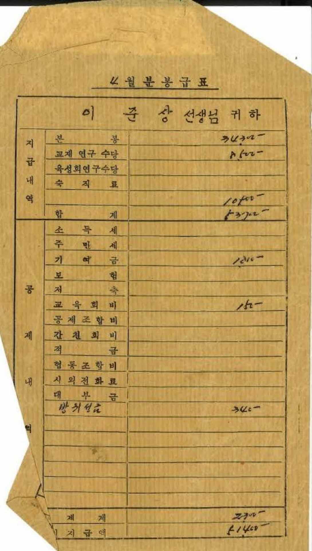 1974년 4월 교사 봉급계산서 봉투