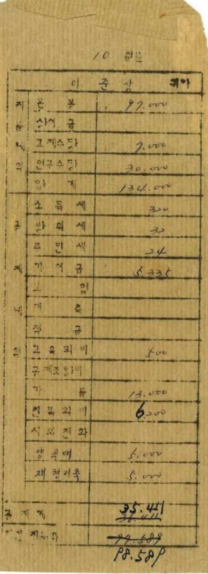 1977년 10월 교사 봉급계산서 봉투