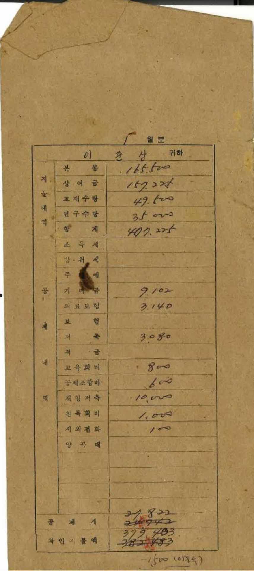 1980년 1월 교사 봉급계산서 봉투