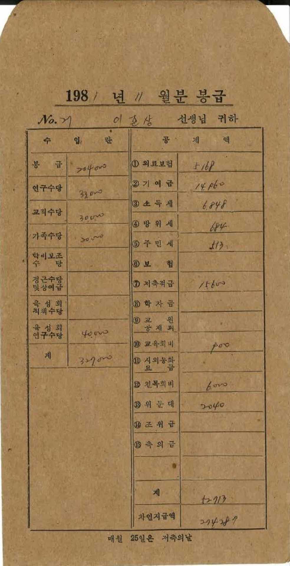 1981년 11월 교사 봉급계산서 봉투