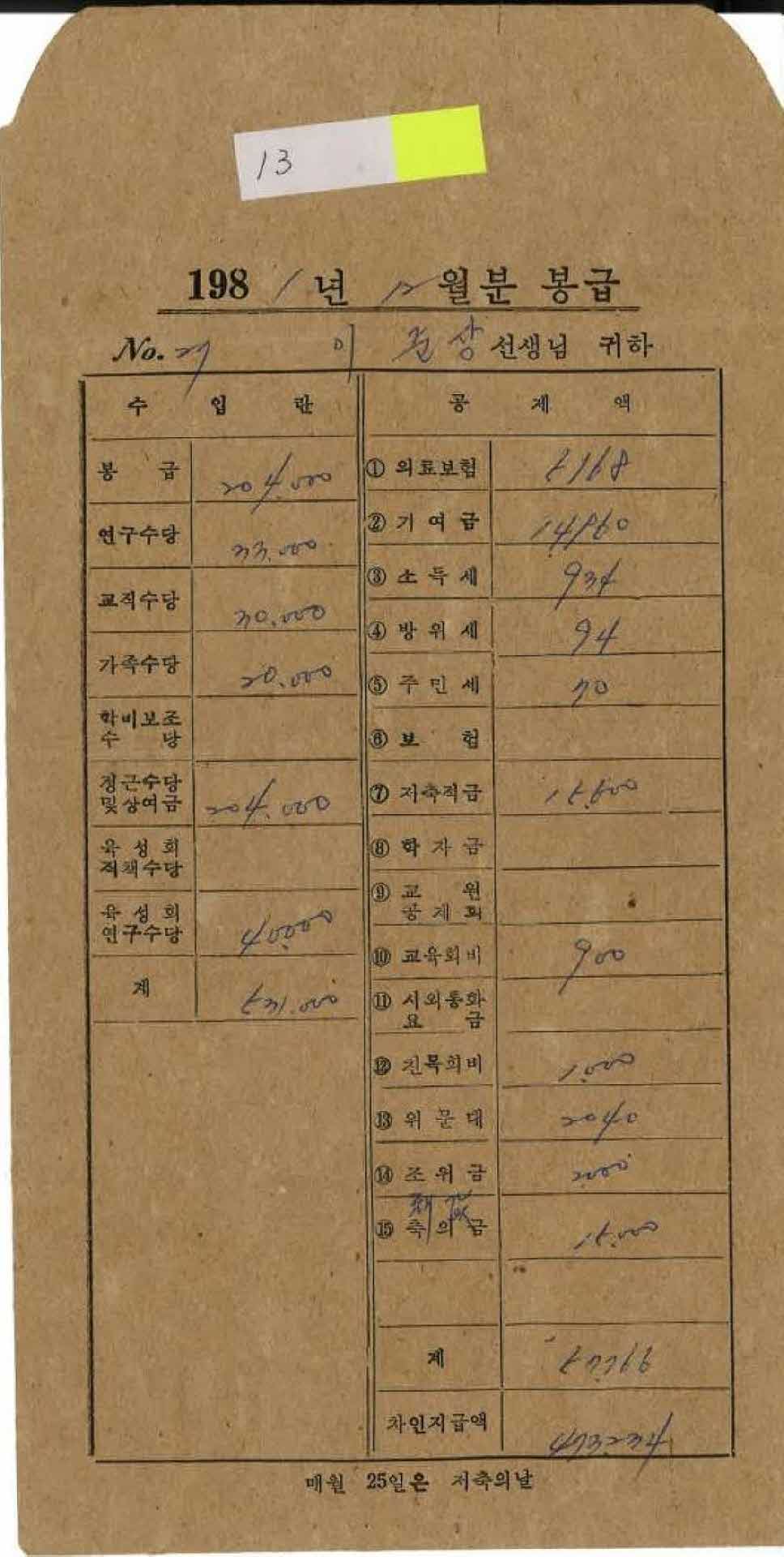 1981년 12월 교사 봉급계산서 봉투