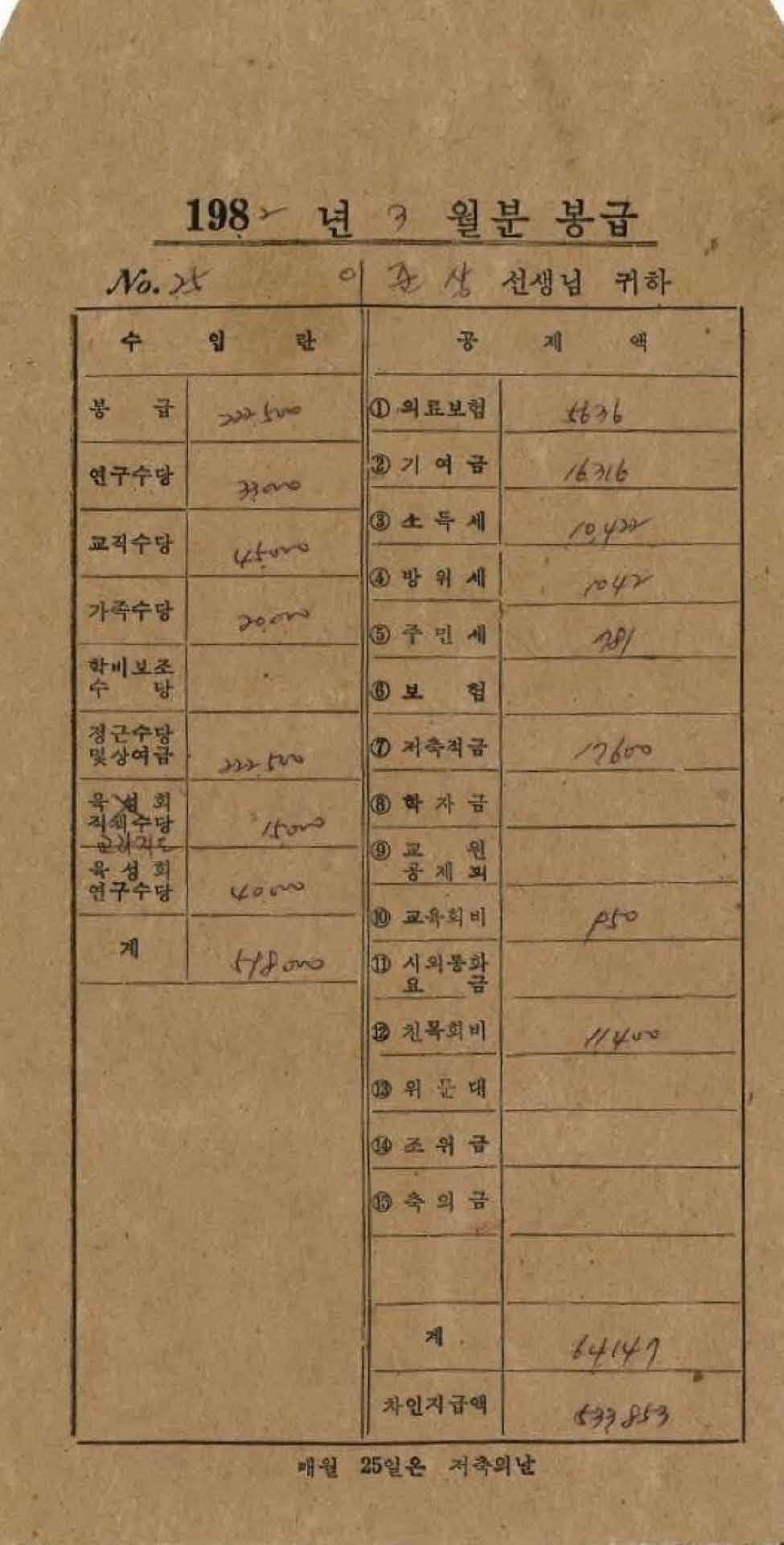 1982년 3월 교사 봉급계산서 봉투