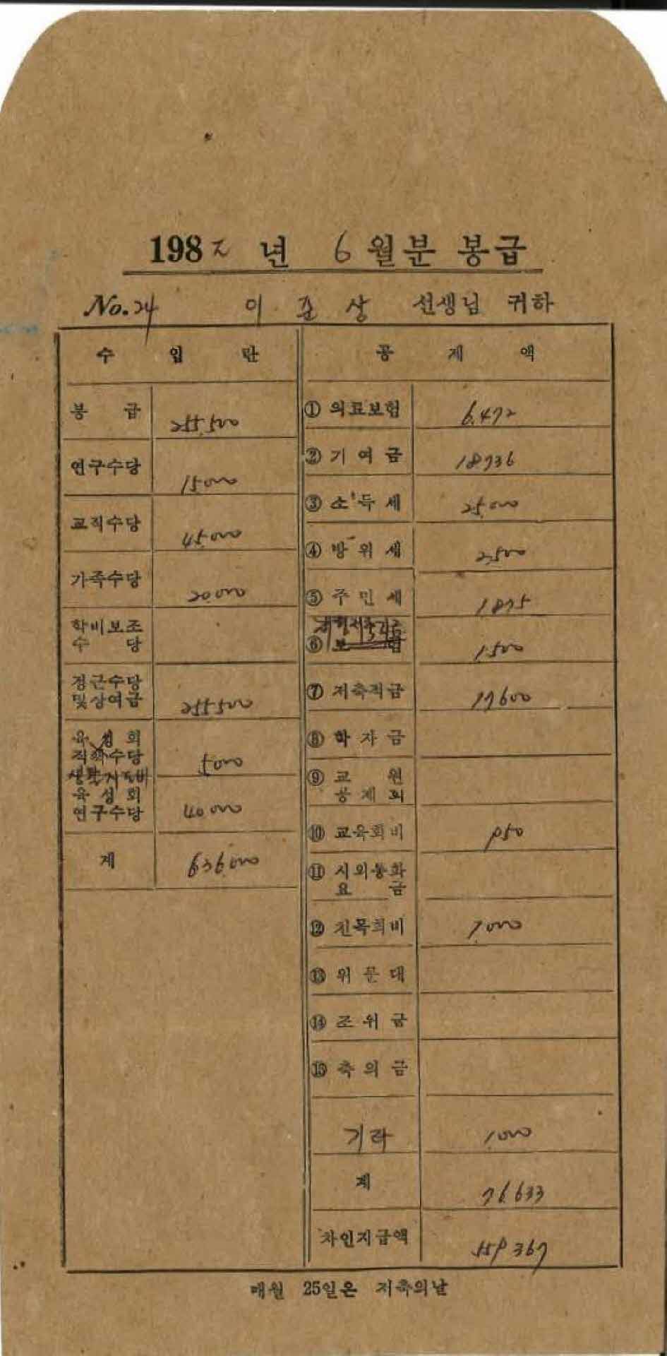 1982년 6월 교사 봉급계산서 봉투