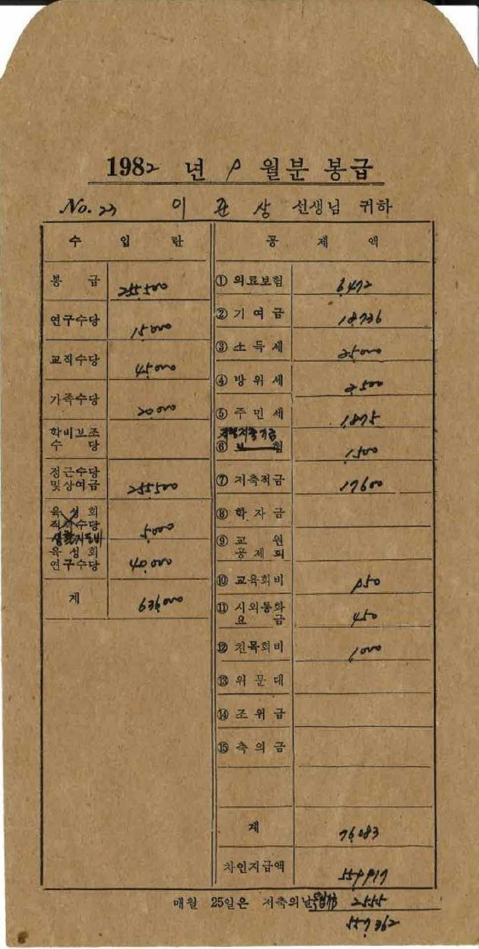 1982년 9월 교사 봉급계산서 봉투