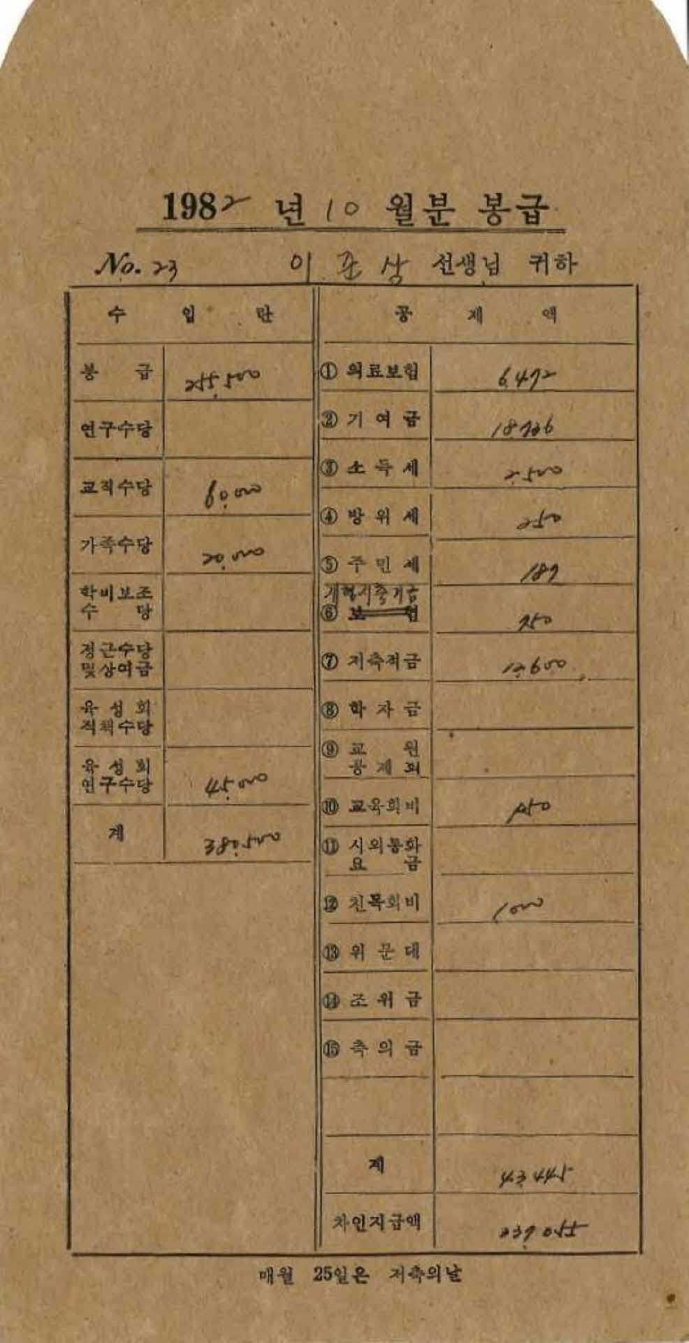 1982년 10월 교사 봉급계산서 봉투
