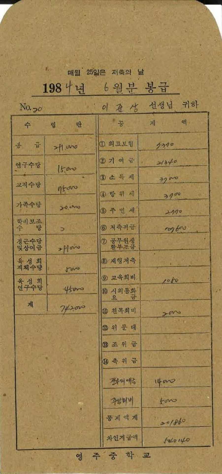 1984년 6월 교사 봉급계산서 봉투