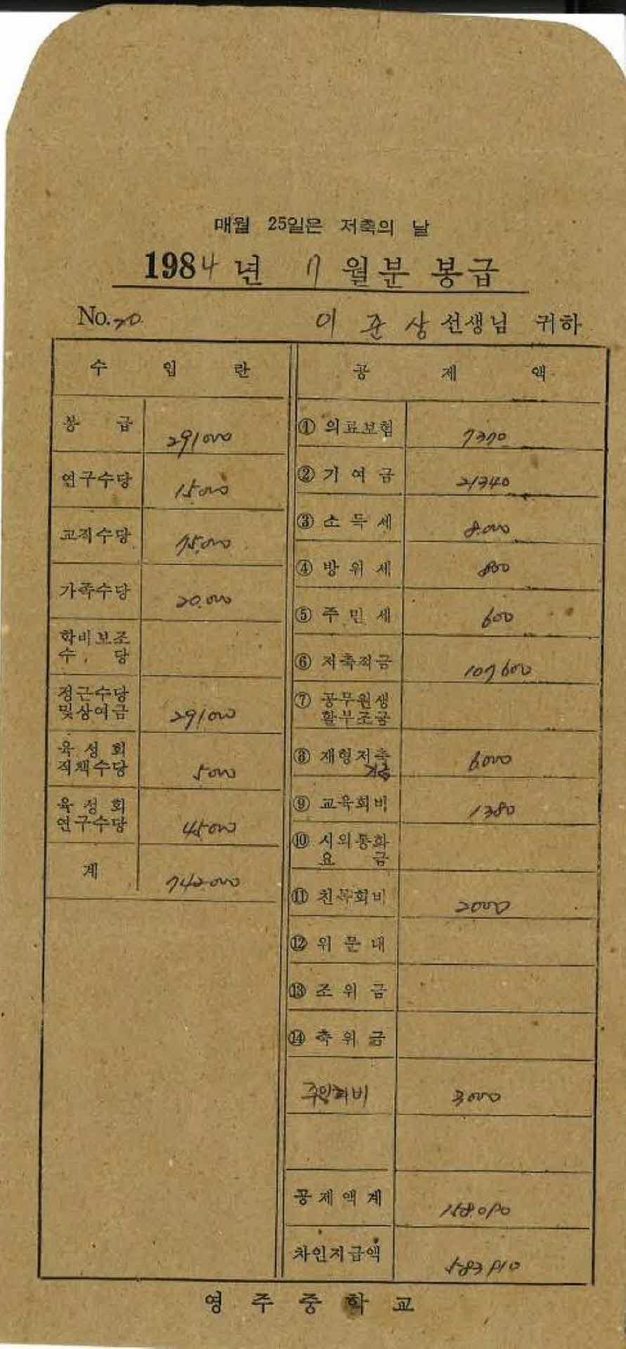 1984년 7월 교사 봉급계산서 봉투