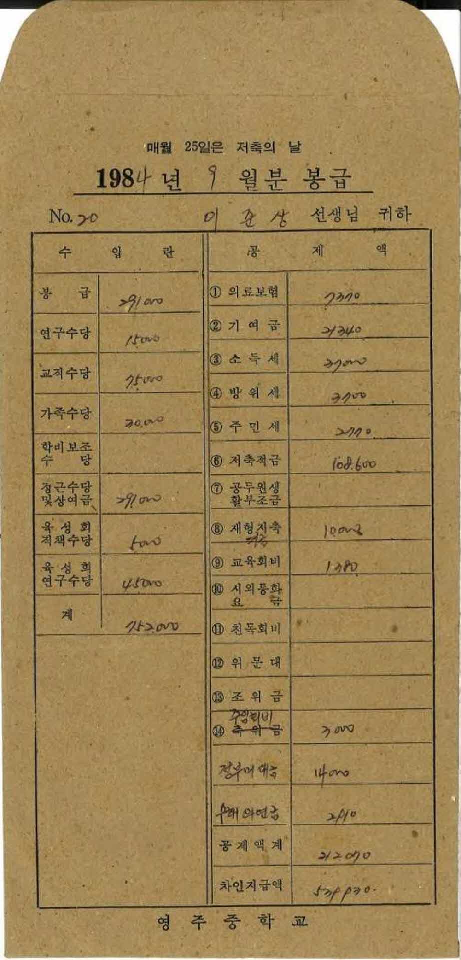 1984년 9월 교사 봉급계산서 봉투