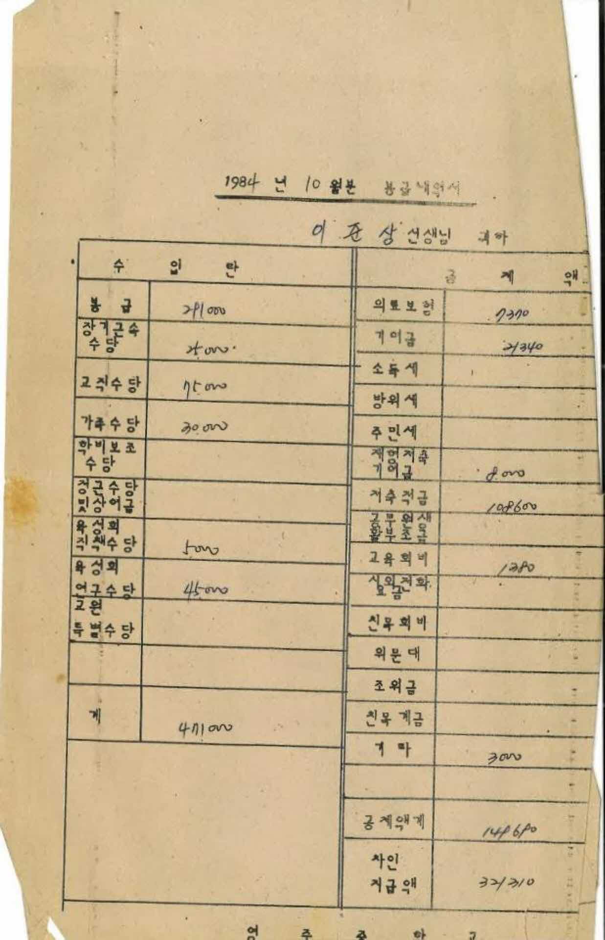 1984년 10월 교사 봉급계산서