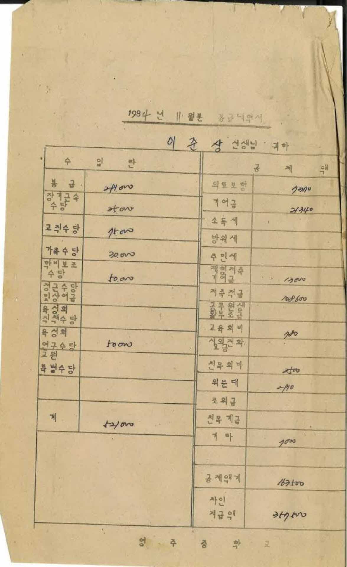 1984년 11월 교사 봉급계산서