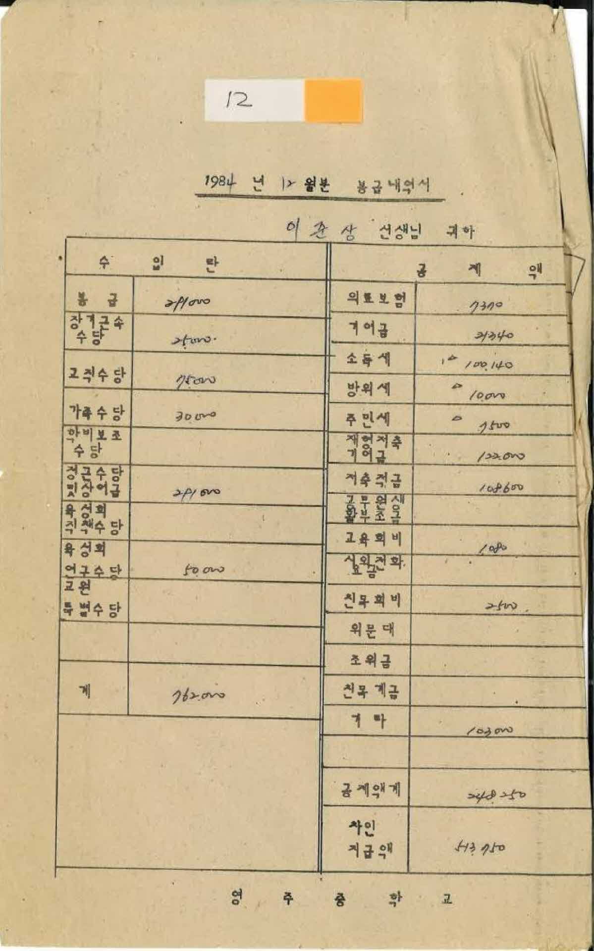 1984년 12월 교사 봉급계산서