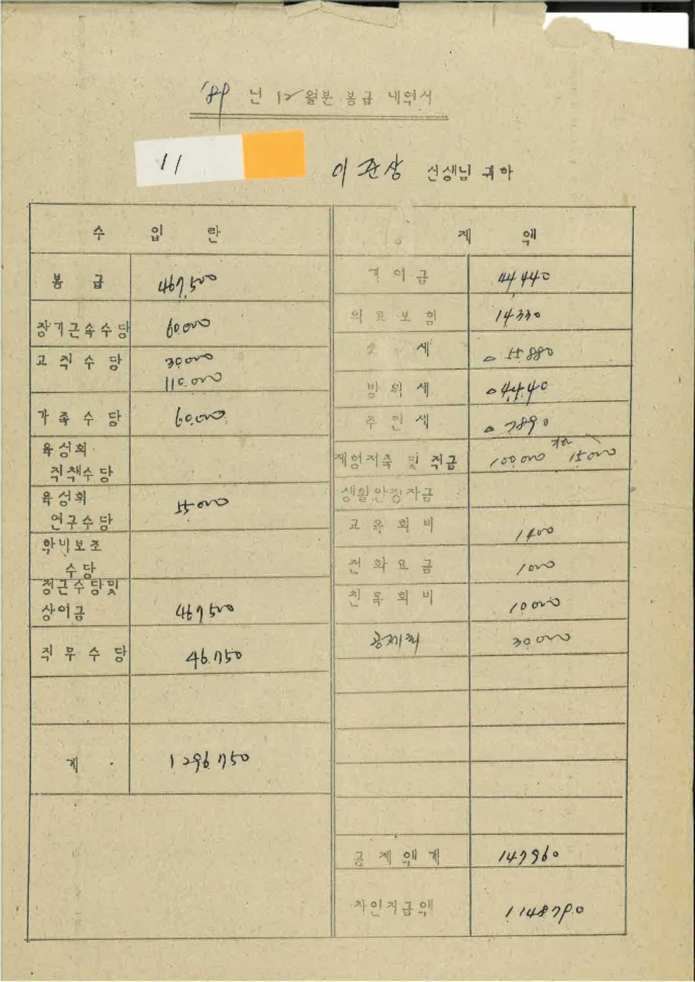 1989년 12월 교사 봉급계산서