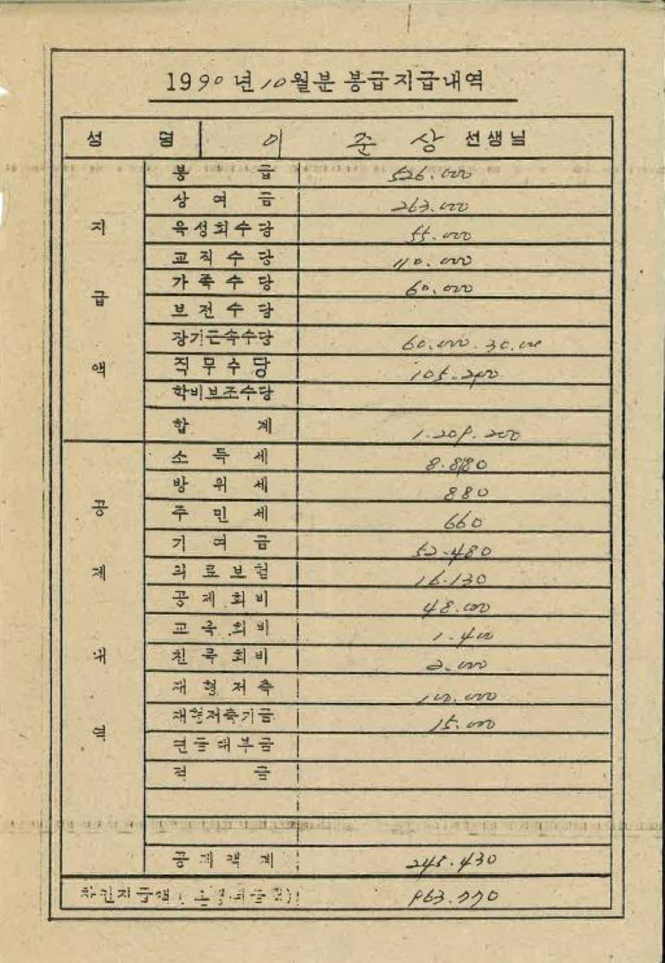 1990년 10월 교사 봉급계산서