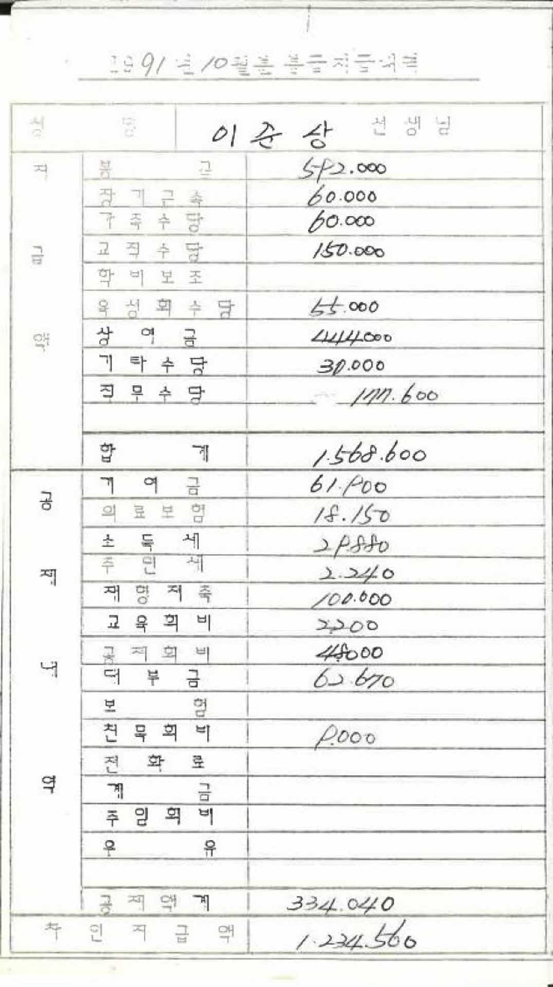 1991년 10월 교사 봉급계산서