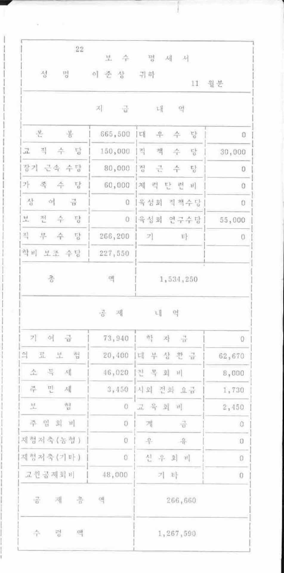 1992년 11월 교사 봉급계산서