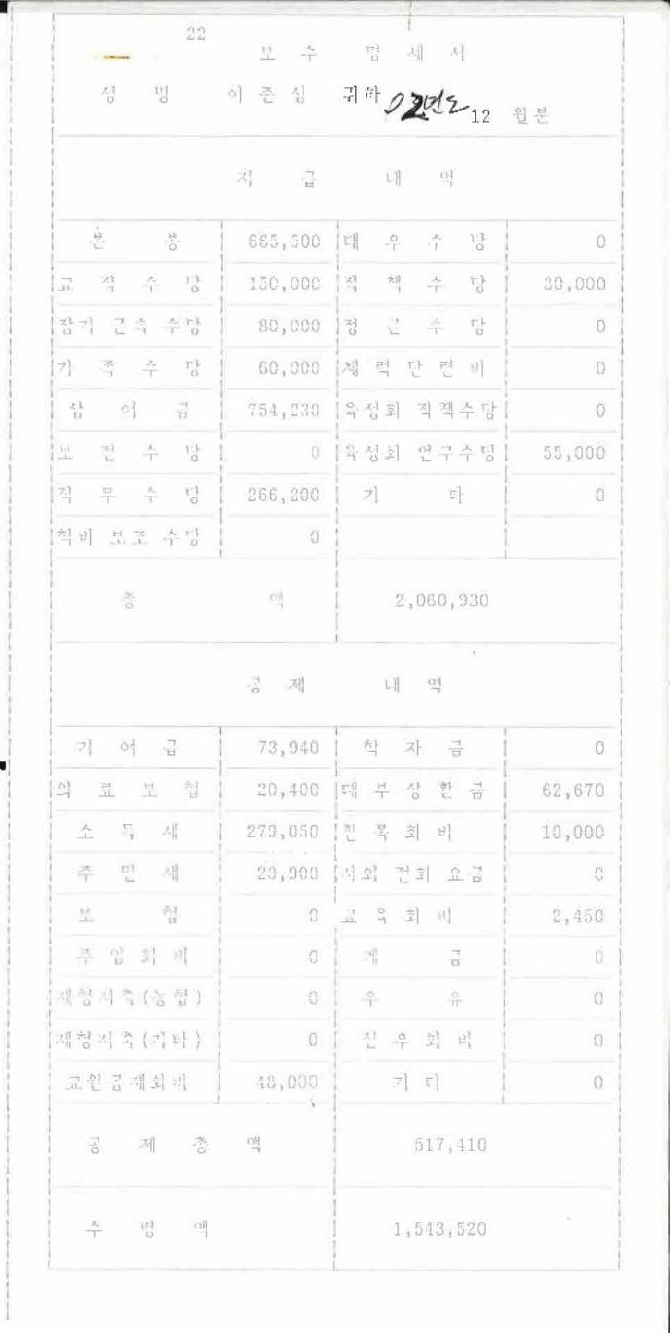 1992년 12월 교사 봉급계산서
